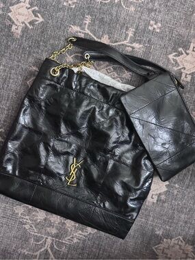 Black Quilted Leather Shoulder Bag with Pouch